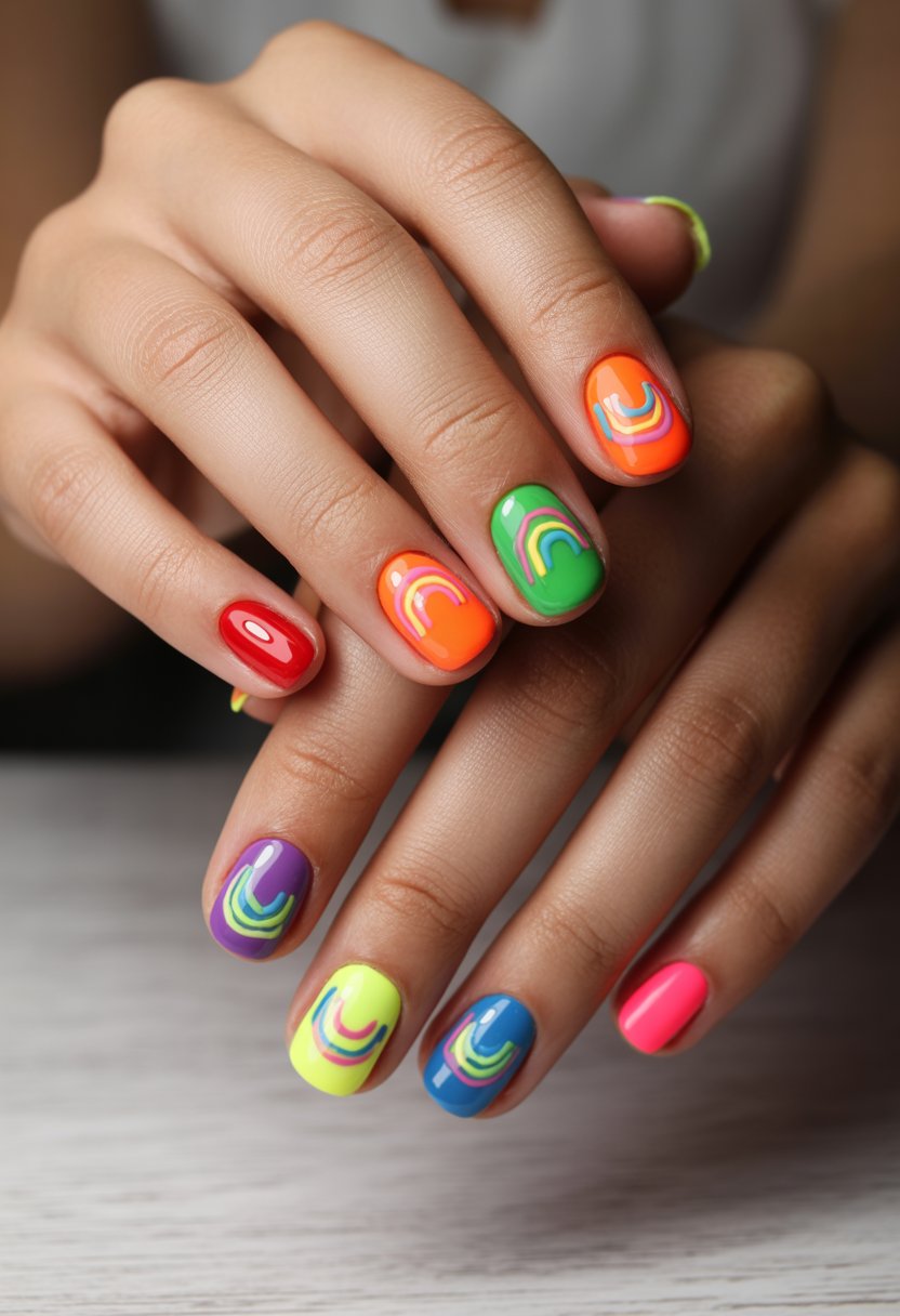 Close-up of hands with brightly colored neon rainbow summer nail designs.
