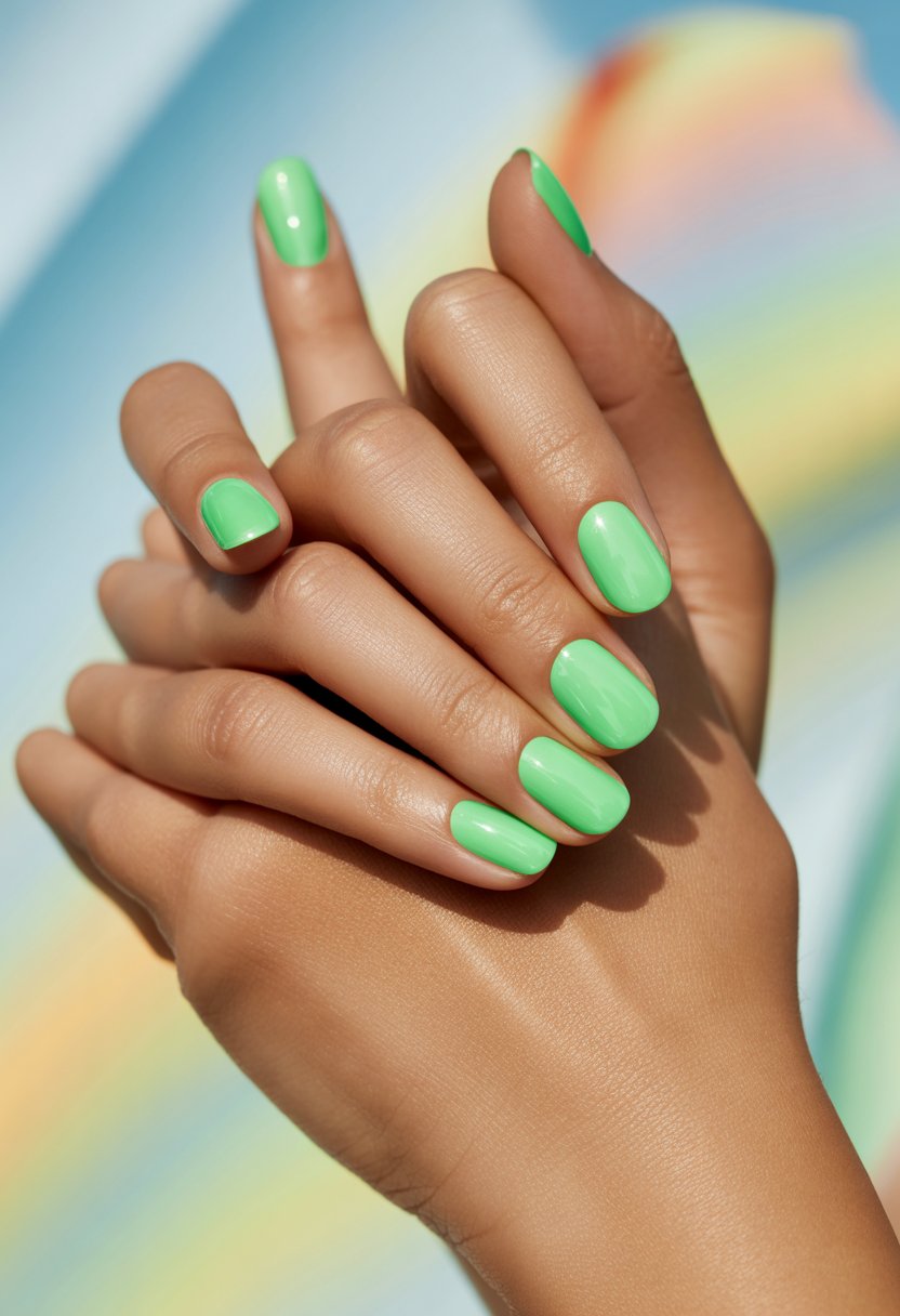 Close-up of hands with bright neon mint green shiny nails against a soft summer background.