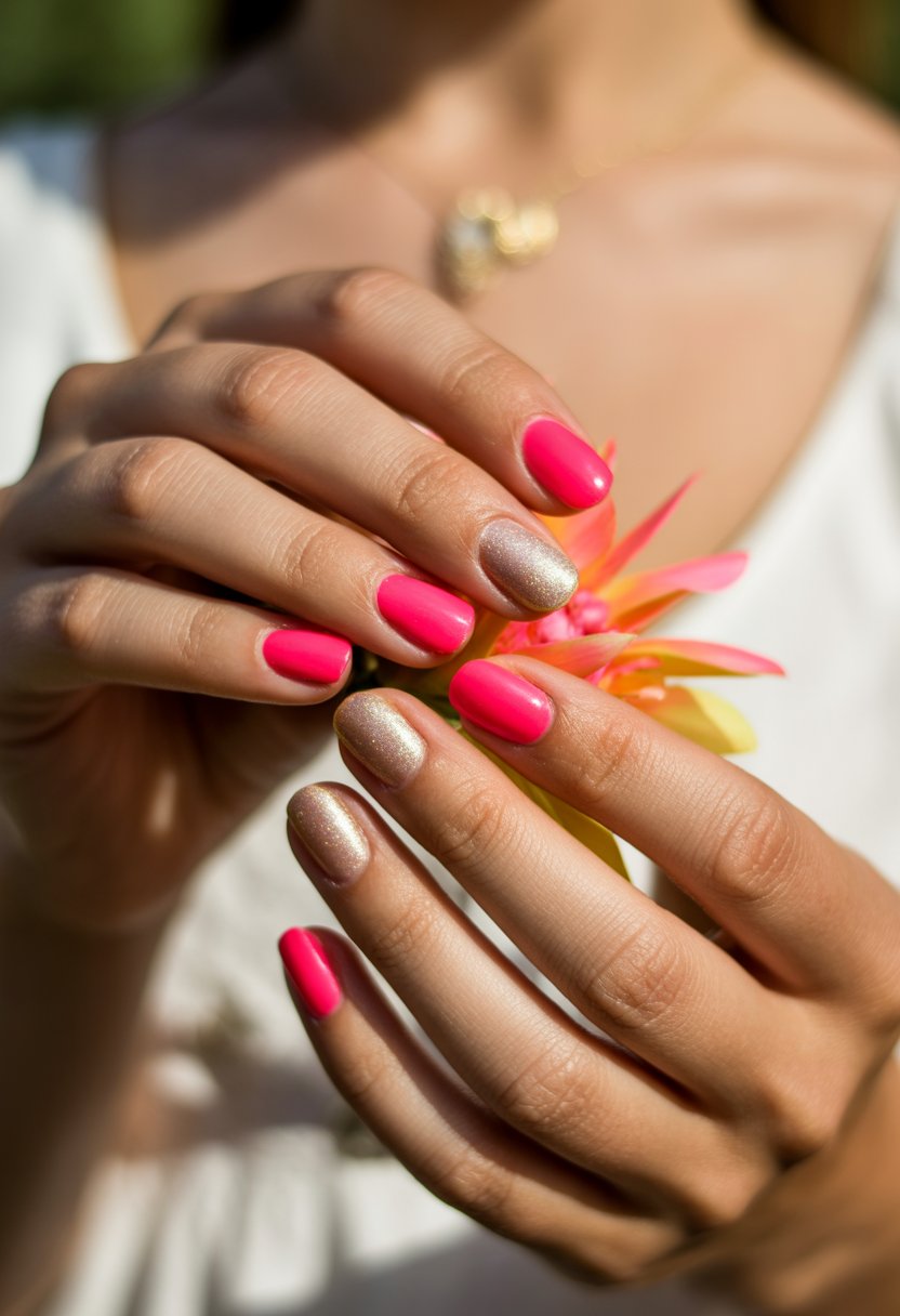 Close-up of hands with hot pink neon and gold painted nails holding a summer flower.