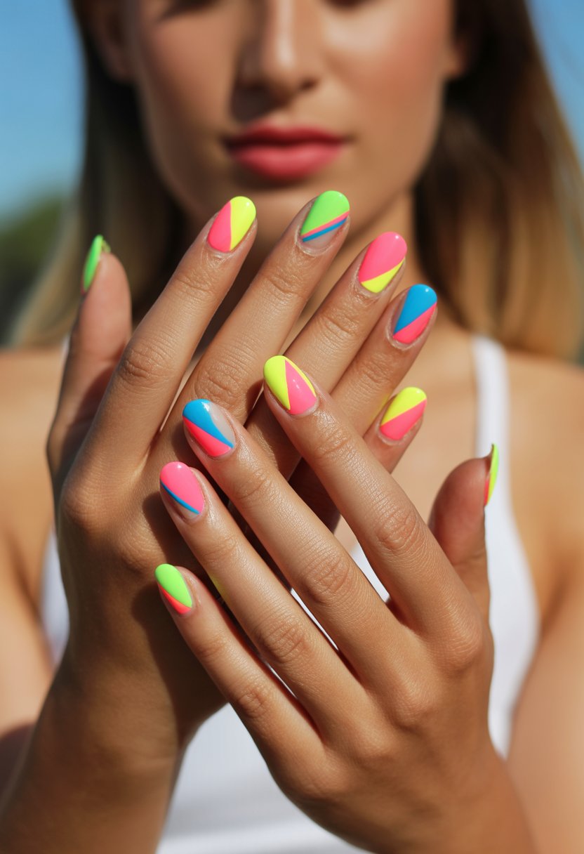Close-up of hands with bright neon triangle nail art in various vibrant summer colors.
