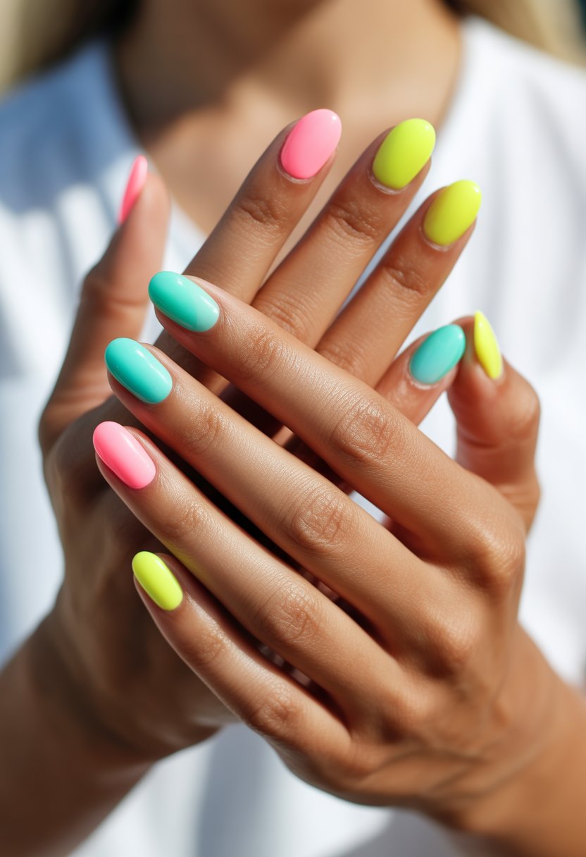 Close-up of hands with brightly colored ombre nails in pink, turquoise, and yellow.