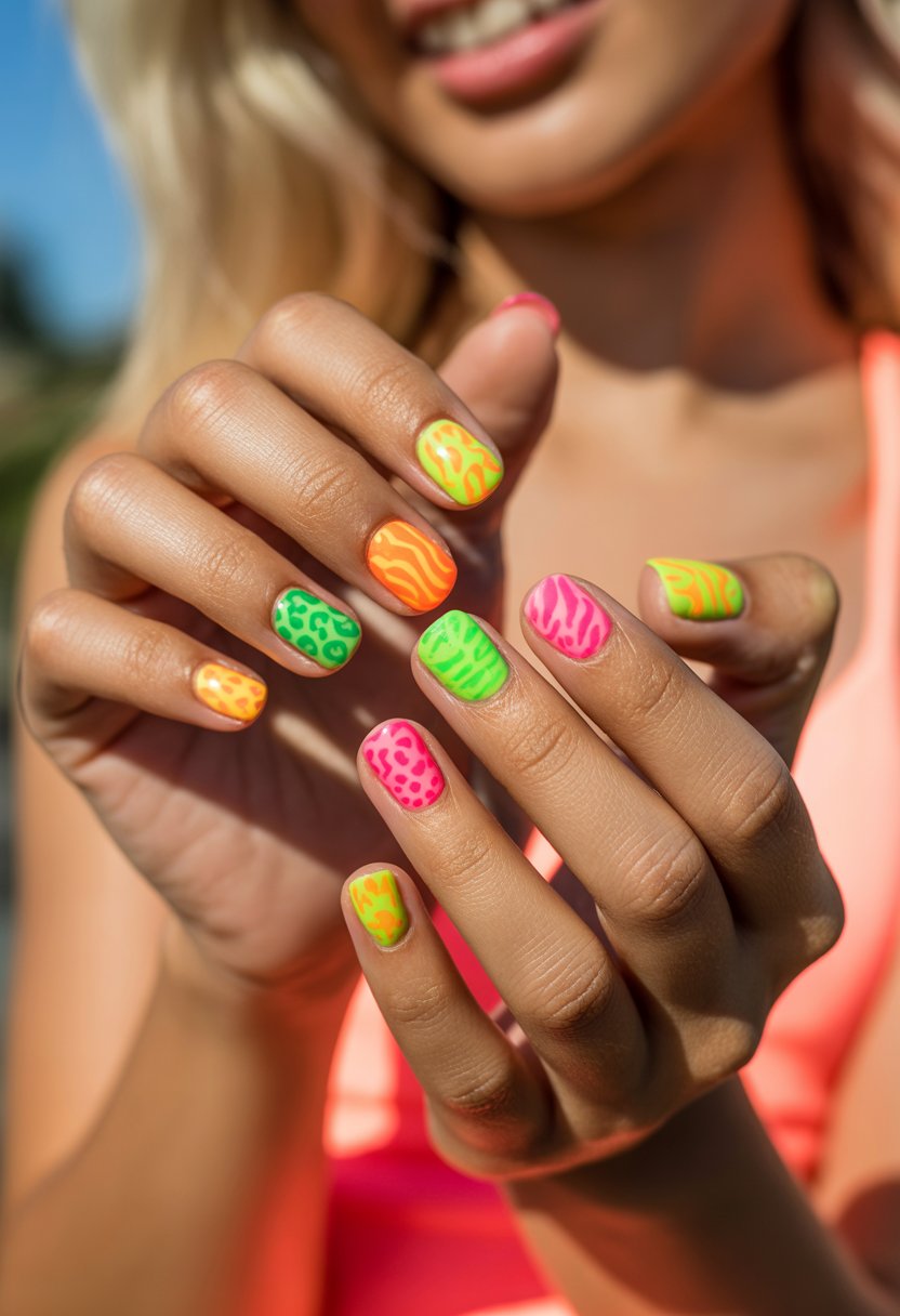 Close-up of hands with bright summer nails featuring colorful neon animal print designs.