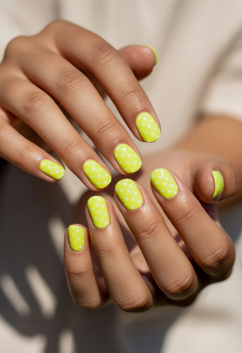 Close-up of hands with neon yellow nails decorated with small white dots.