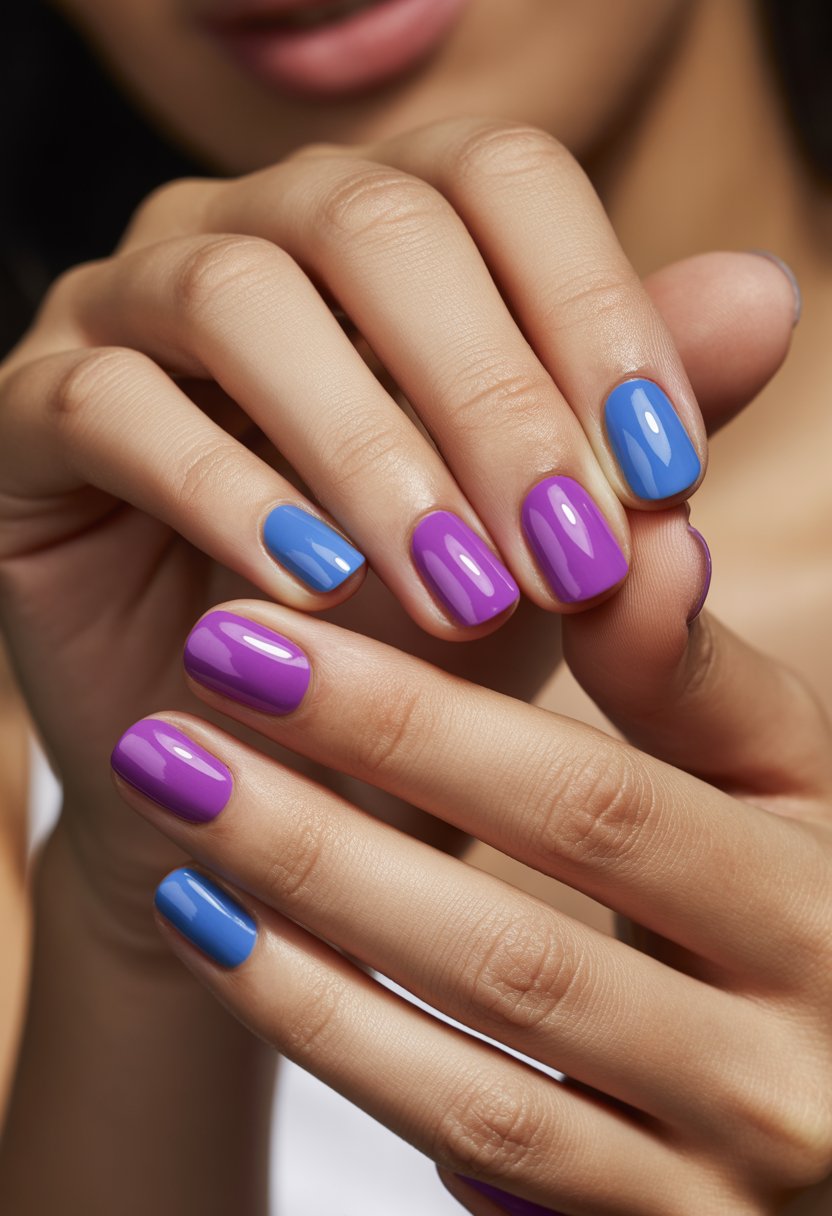 Close-up of hands with bright electric purple and neon blue painted nails.