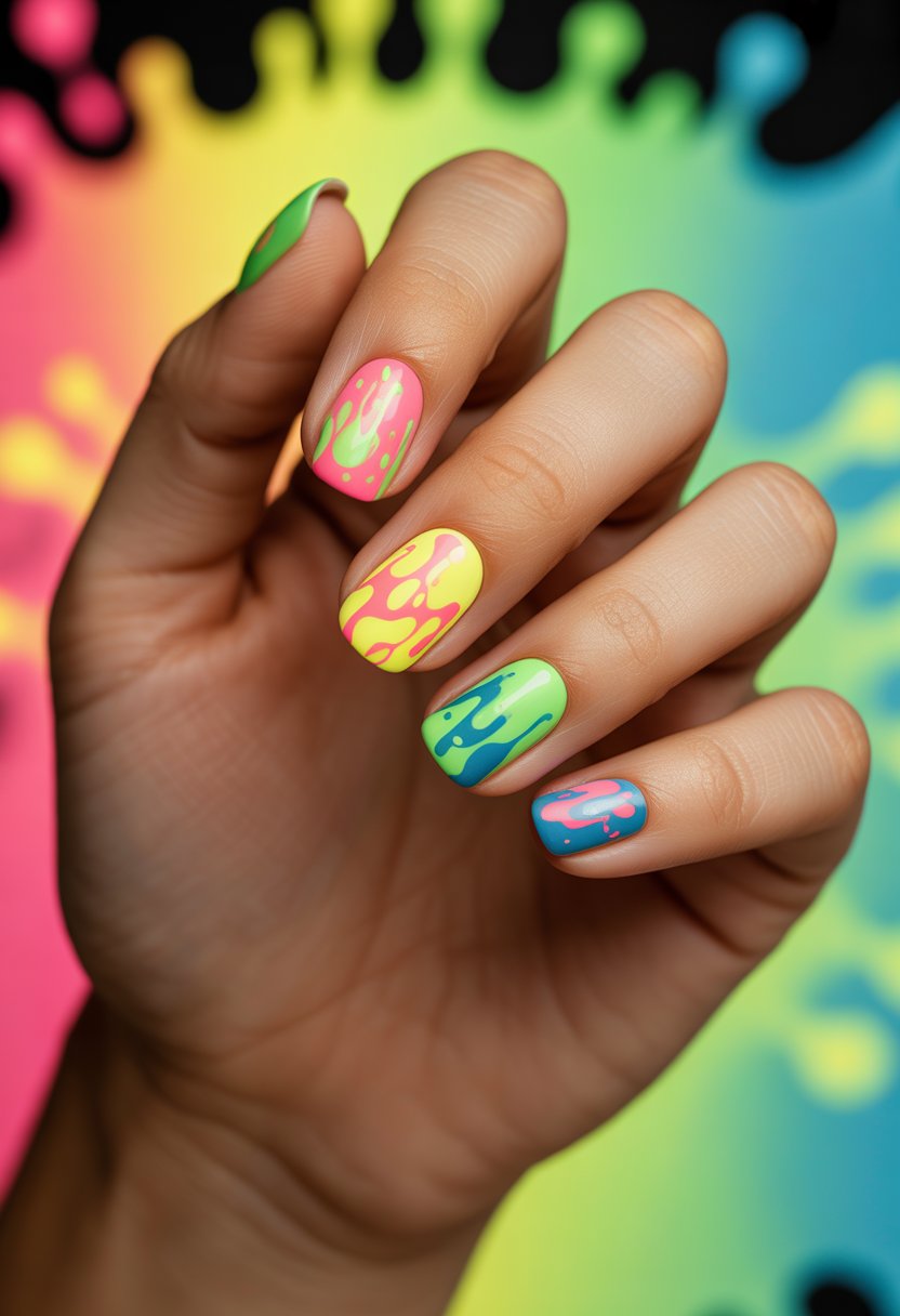Close-up of a hand with brightly colored nails featuring a neon splatter pattern.
