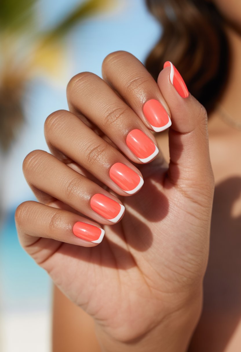 Close-up of a woman's hand with neon coral French manicure nails against a soft summer background.
