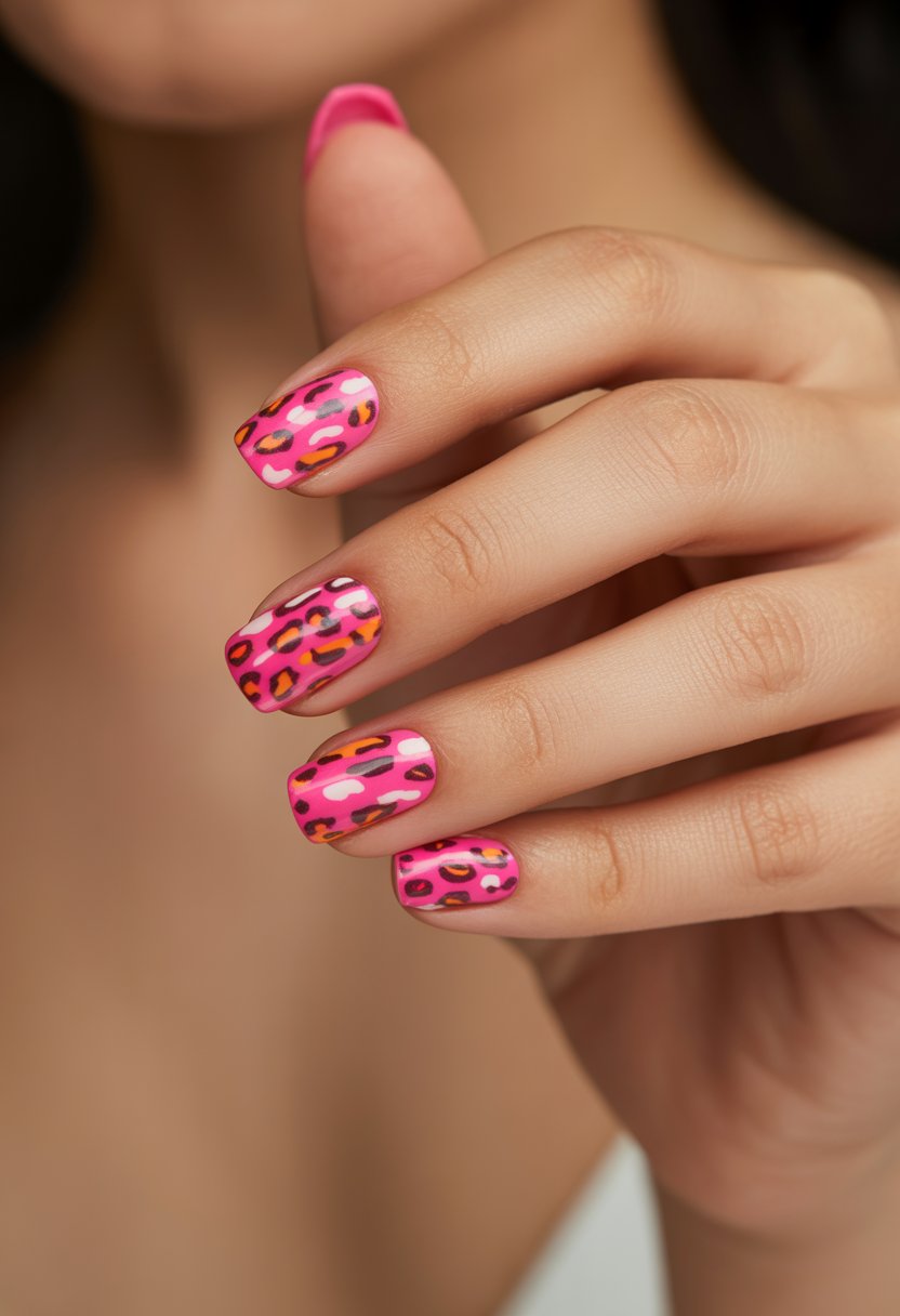 A close-up of a hand with bright pink animal print nail art on medium almond-shaped nails.