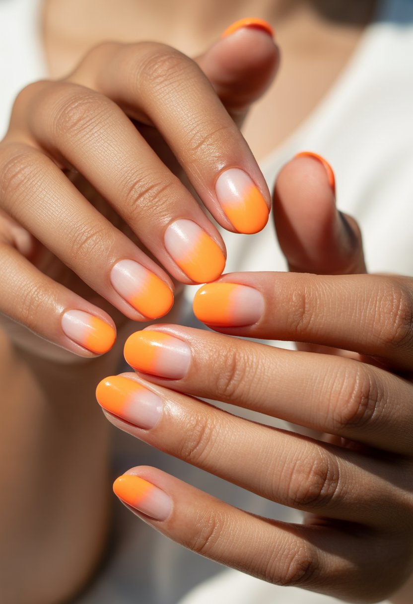 Close-up of hands with bright orange neon gradient nails on a neutral background.