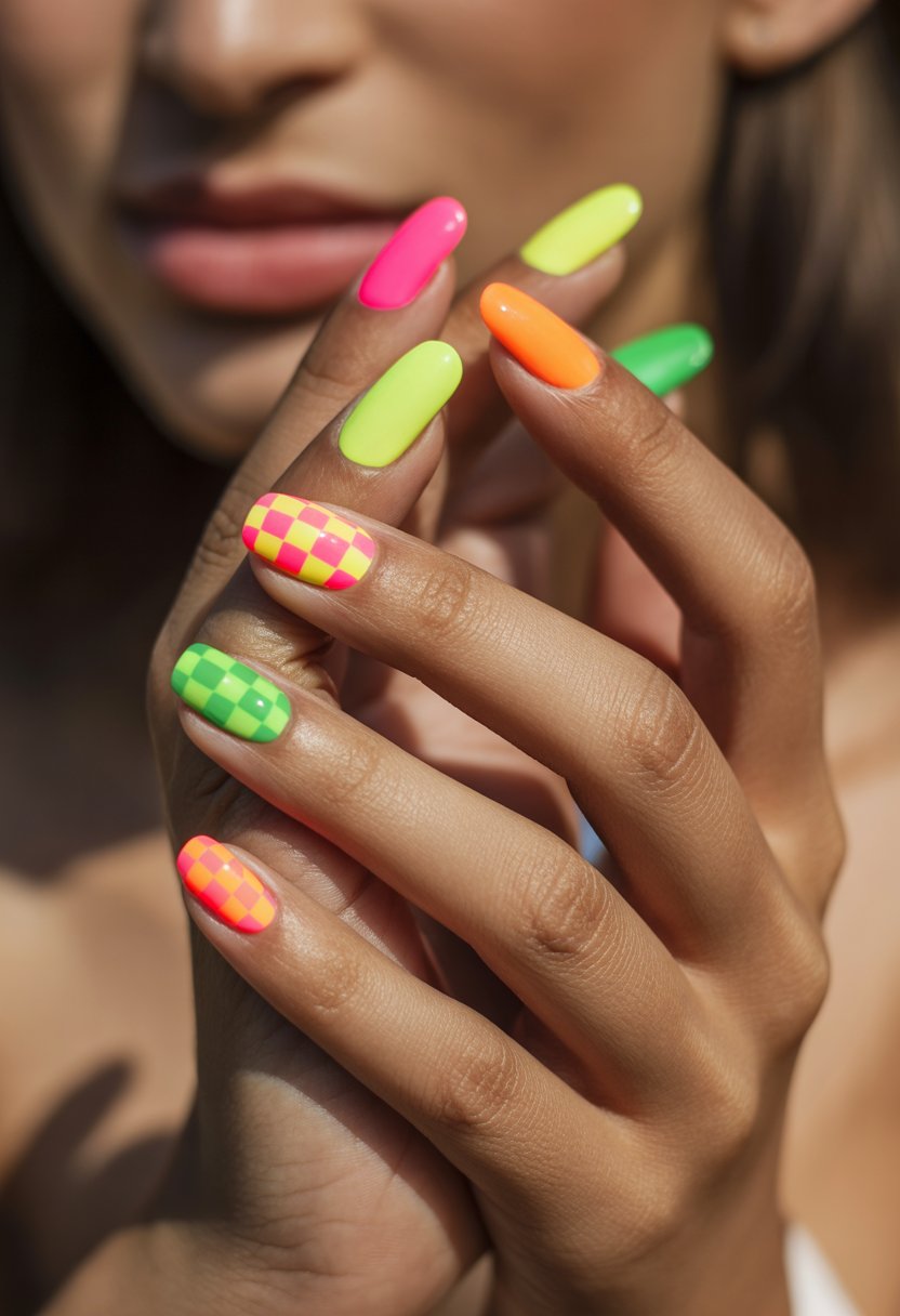 Close-up of a hand with brightly colored neon checkerboard patterned nails.