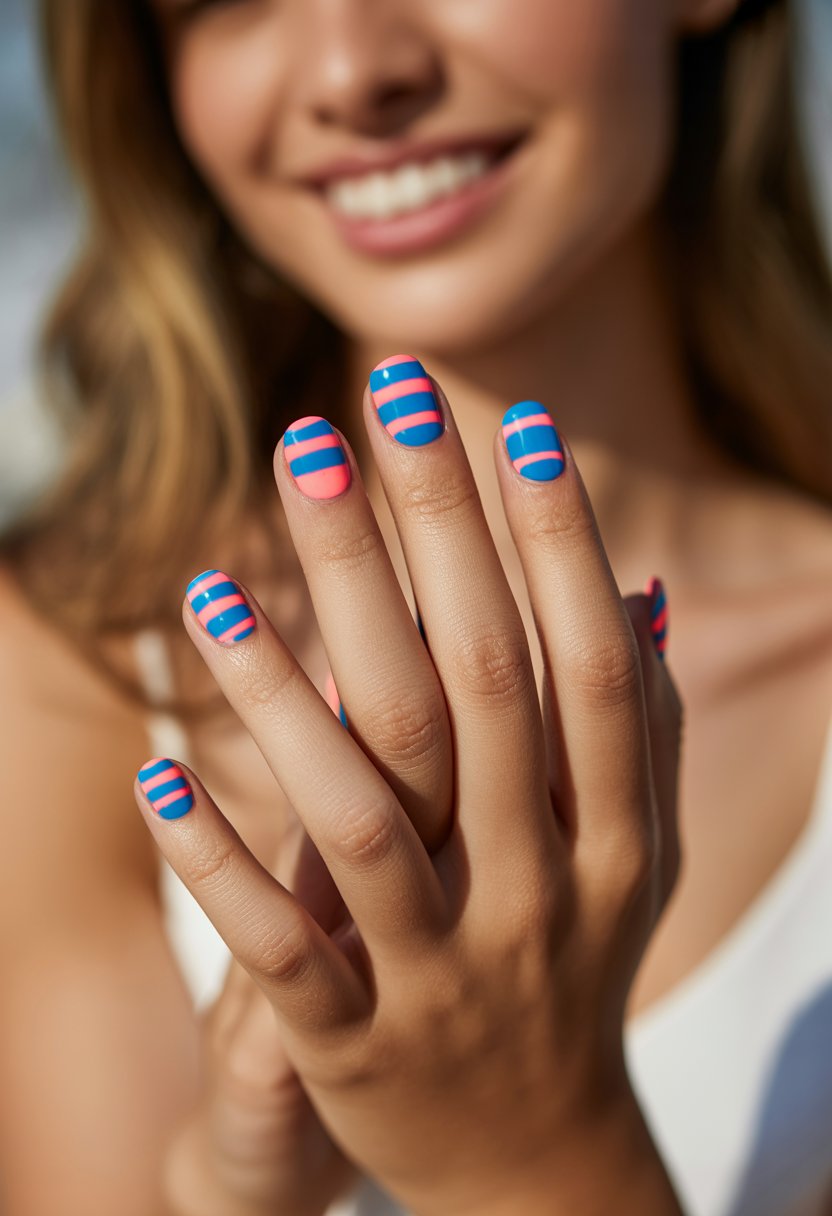 Close-up of a hand with blue and pink striped nails against a blurred background.