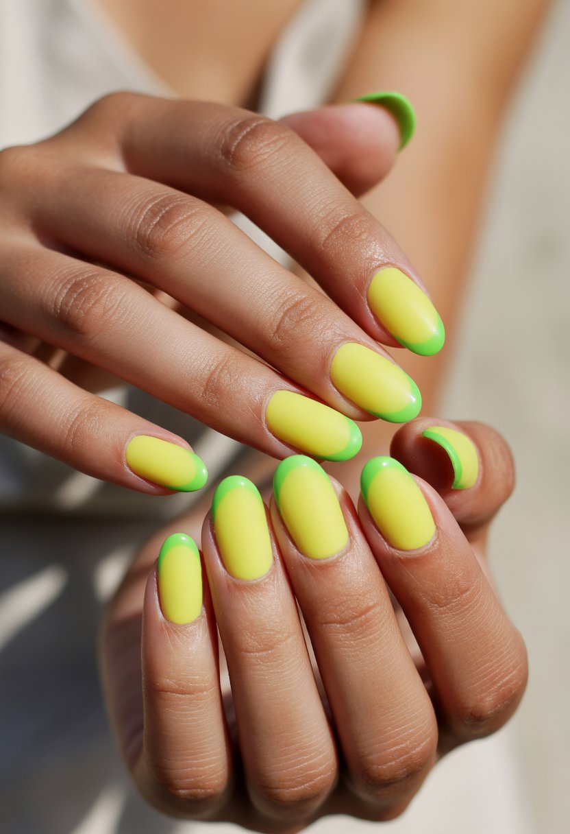 Close-up of hands with bright yellow nails and neon green tips.