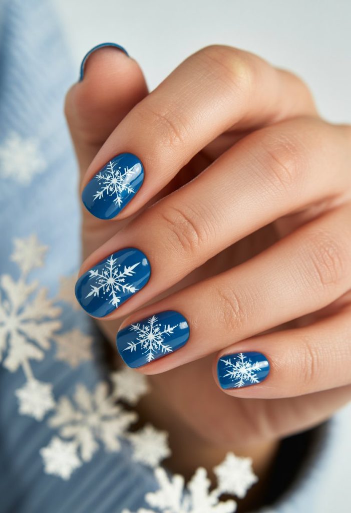 Blue Base with White Snowflake Stars Nail