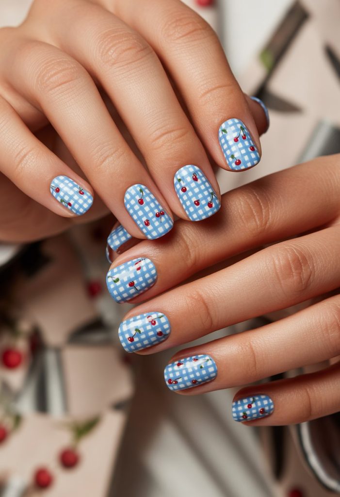 Blue Gingham with Tiny Cherries Nail