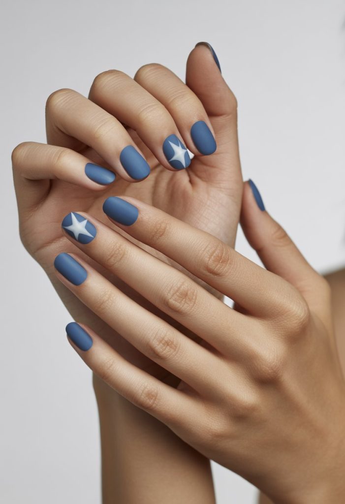 Blue Matte Nails with Glossy Star Nail
