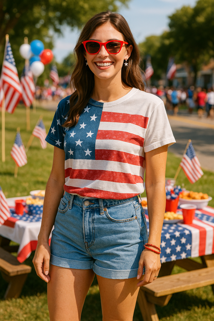 Classic Denim Shorts & Flag Tee Combo