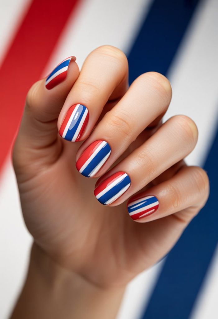 Diagonal Stripes in Red, White, and Blue Nail