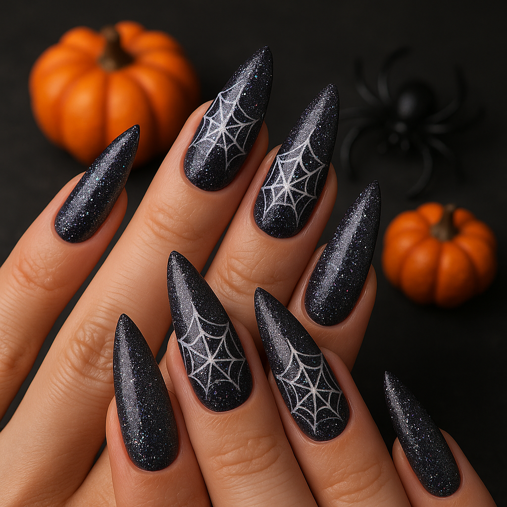 Glittery Cobweb Nails