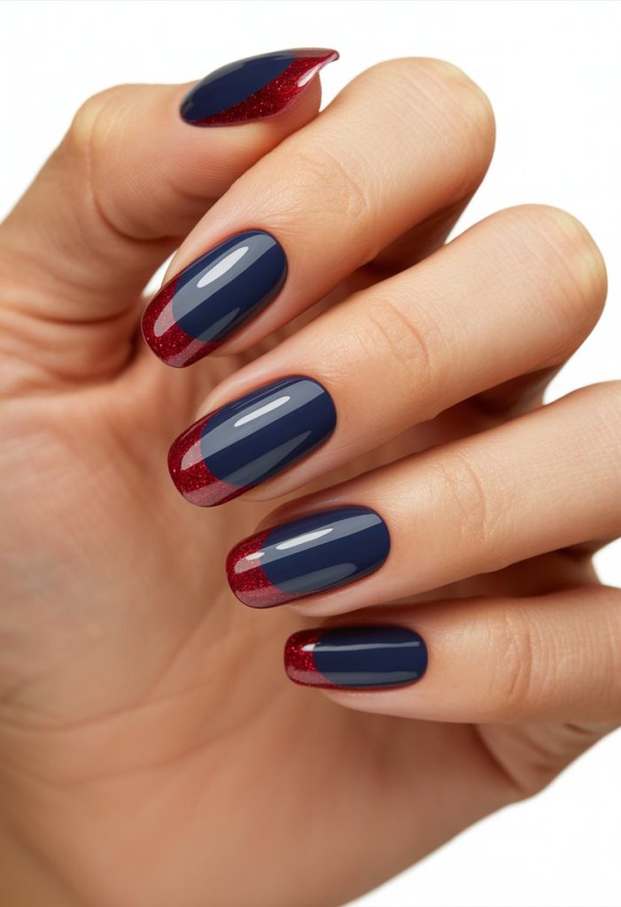 Glossy Navy with Red Glitter Tips