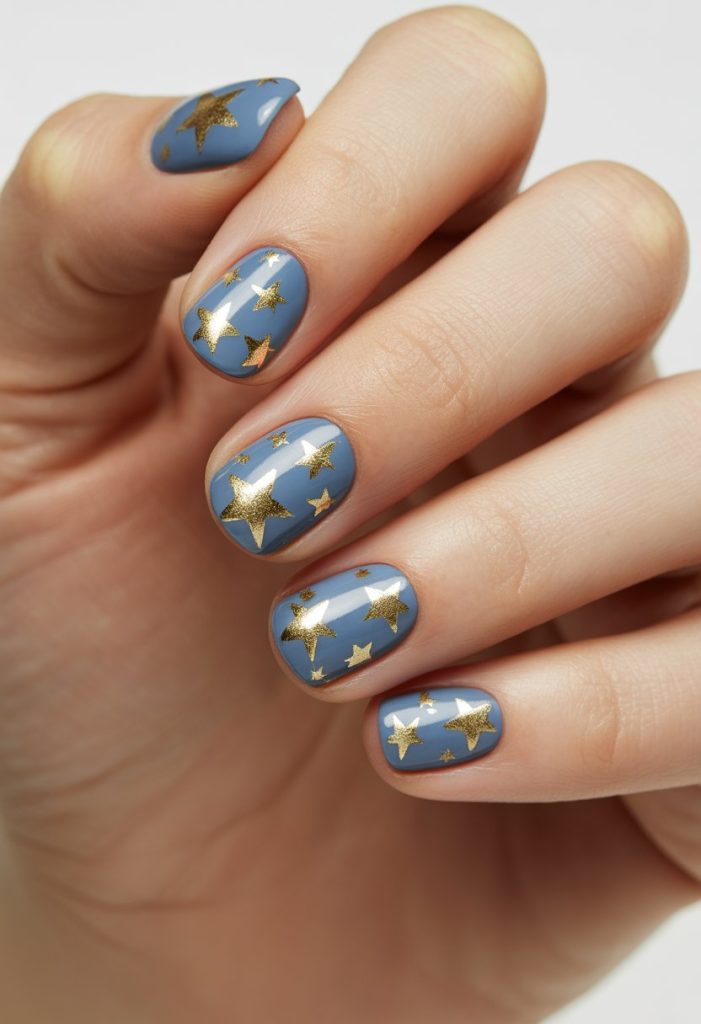 Gold Star Appliqués on Blue Base Nail