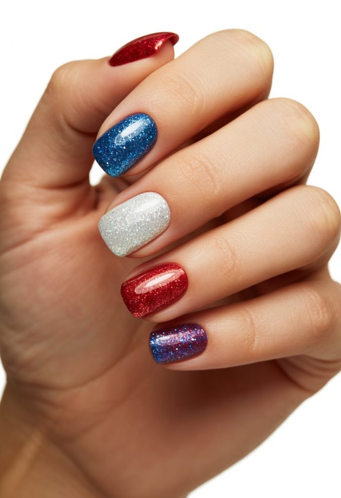 Gradient Glitter in Patriotic Colors Nail
