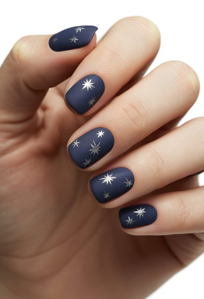 Matte Navy Blue with Silver Stars Nail