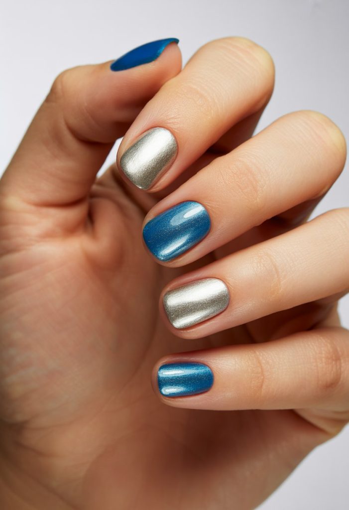 Metallic Silver and Blue Combo Nail