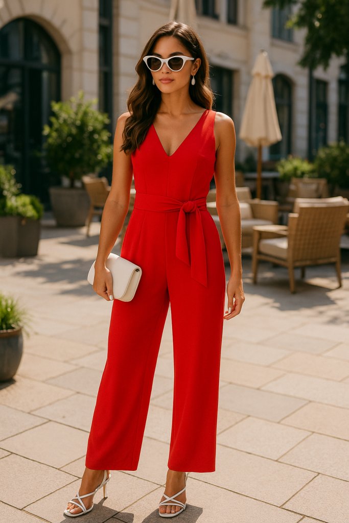 Red Jumpsuit with White Accessories