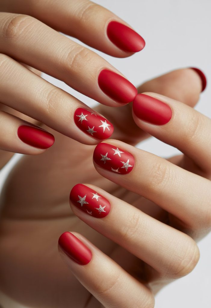 Red Matte Nails with Silver Foil Stars