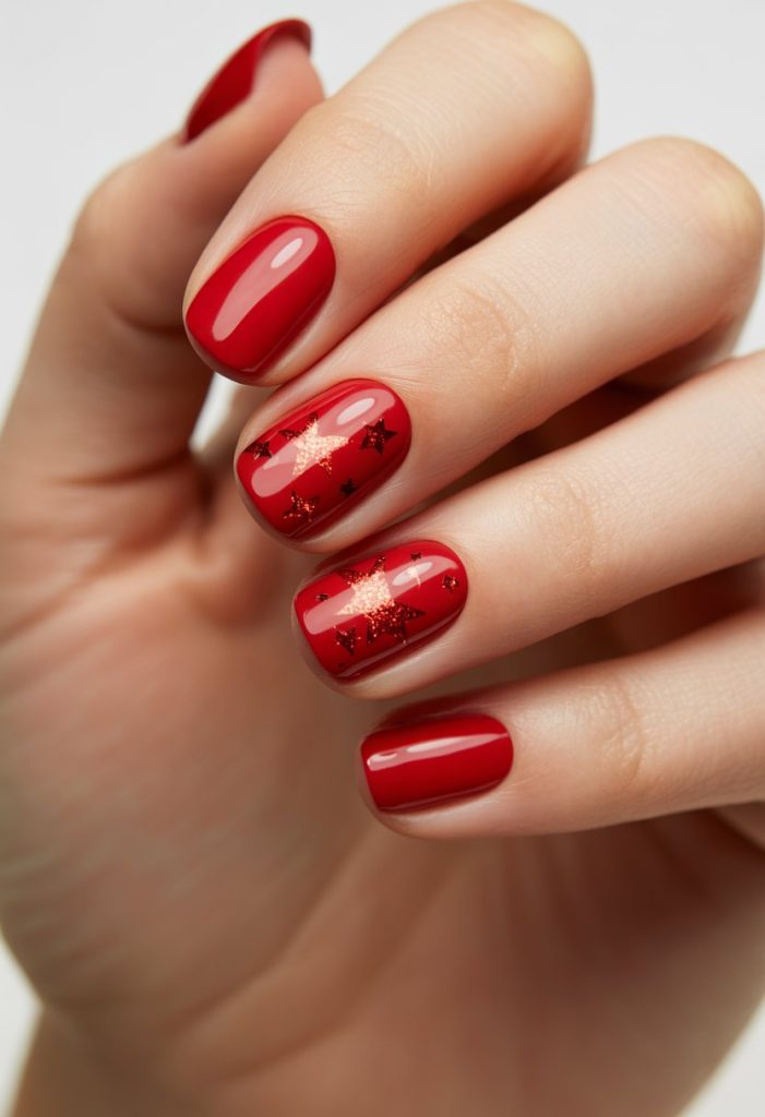 Red Solid Color with Star Chunk Glitters Nail
