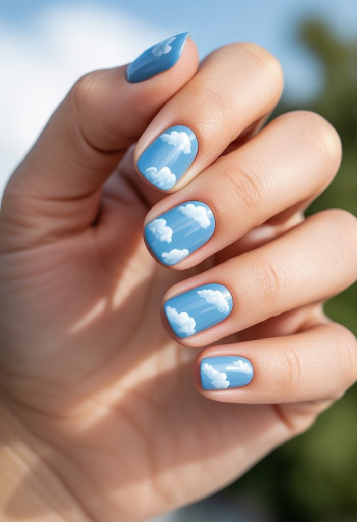Sky Blue with White Clouds Nail