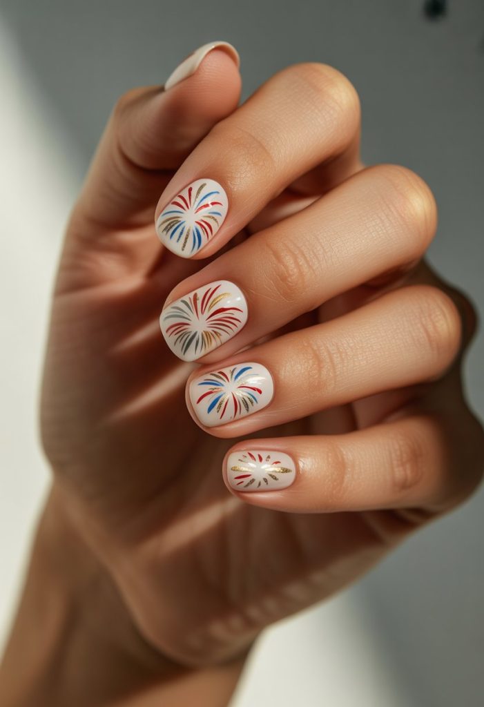 White Base with Hand-Painted Fireworks Nail