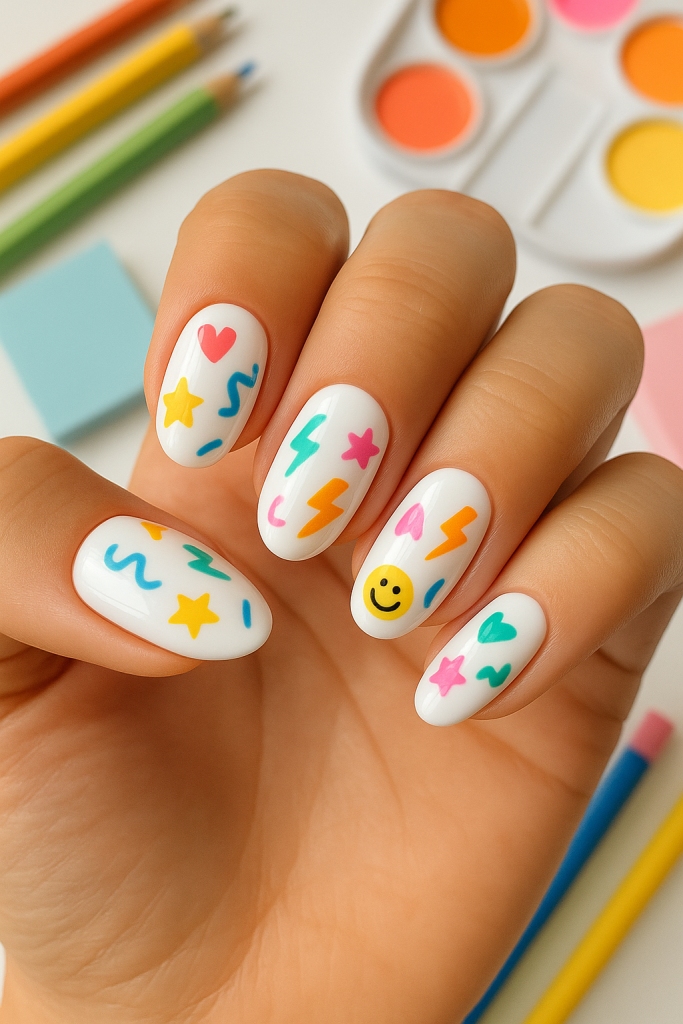 White Nails with Colorful Doodles