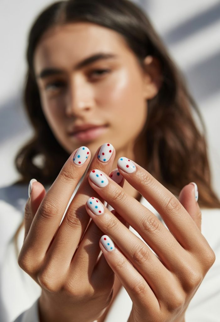 White Nails with Red and Blue Dots Nail