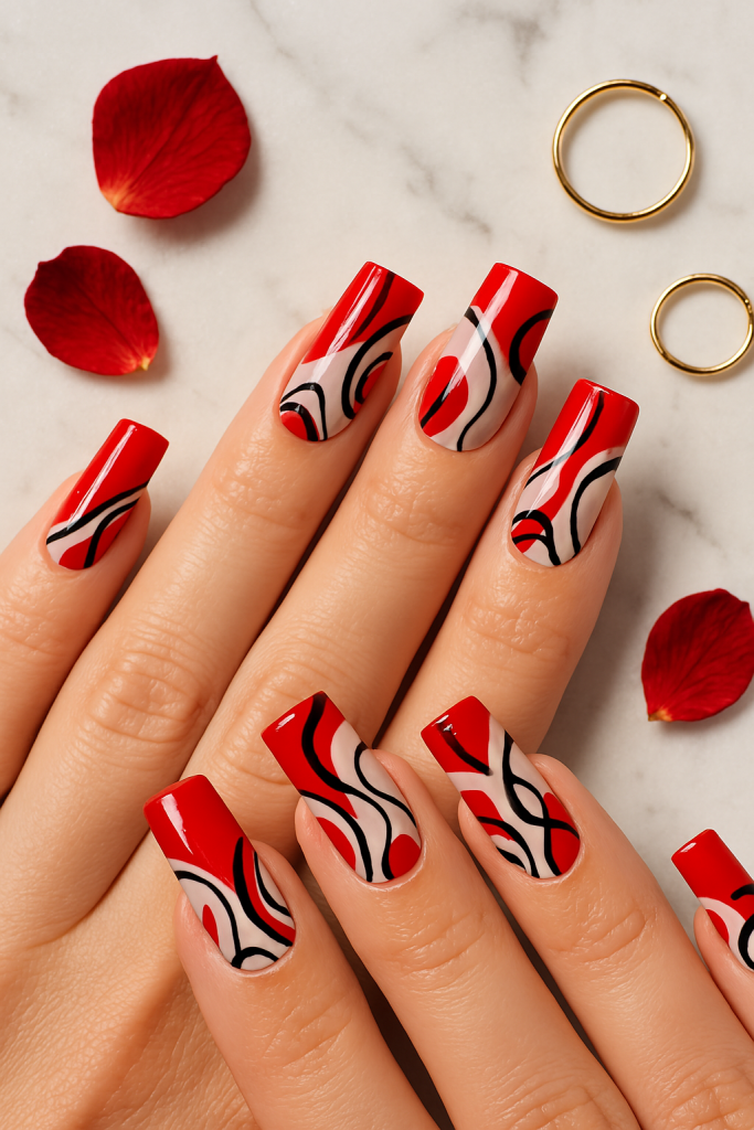 Abstract Red Square Nails