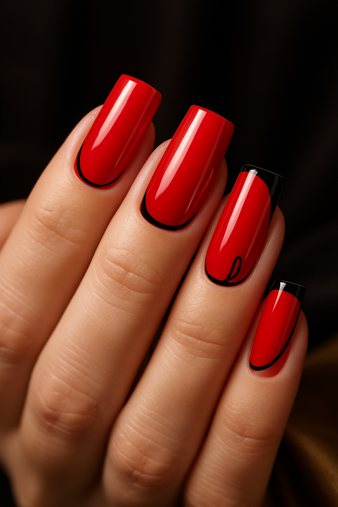 Red Square Nails with Black Details