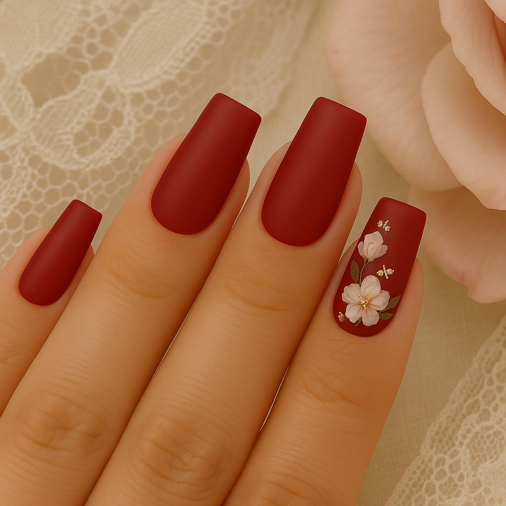 Red Square Nails with Floral Accents