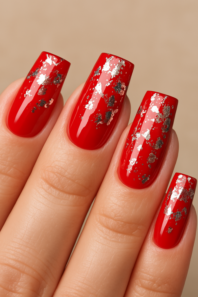 Red Square Nails with Foil Accents