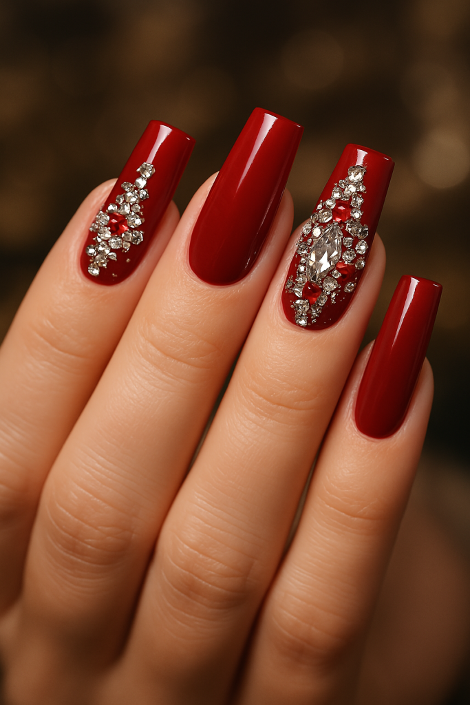 Red Square Nails with Gemstone Glam