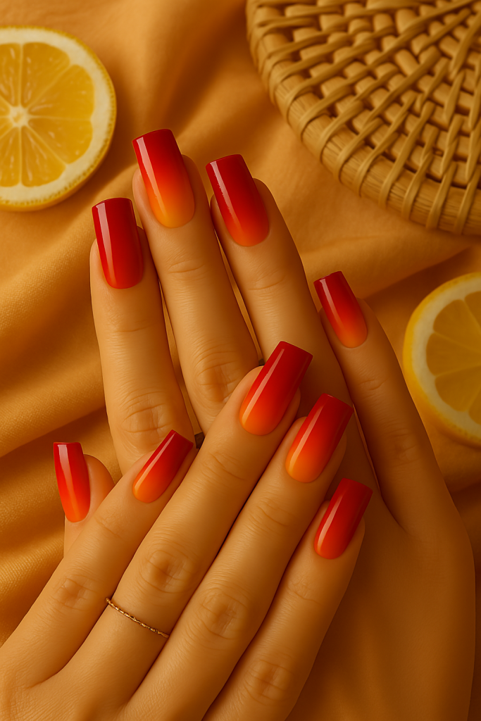 Red Square Nails with Orange or Coral Infusion